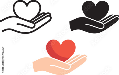Charity heart in palm vector icons pack featuring line silhouette and color versions for apps