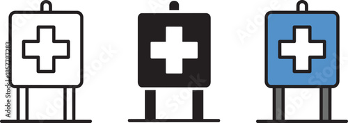 First aid station sign icons in outline solid black and blue colors for emergency medical help