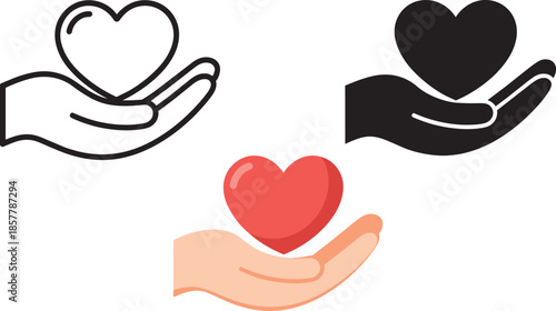 Heart on hand icon set with line solid and flat color styles for healthcare and charity design