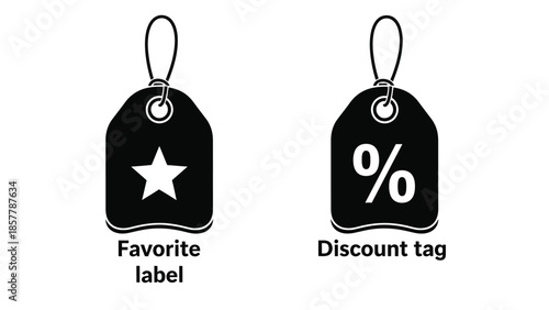 Black discount and favorite labels with white symbols in simple flat design for e-commerce
