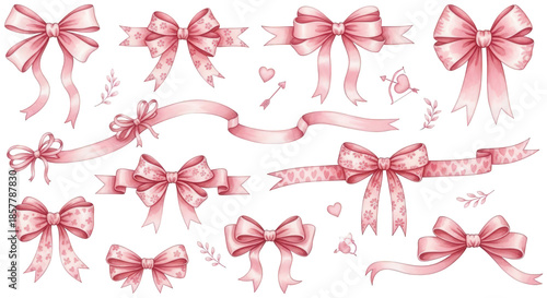 Delicate pink satin bows with flowing ribbons and intricately detailed floral accents, arranged in a scattered pattern with small heart-shaped embellishments,, isolated on transparent background.