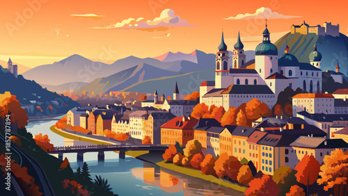 Very beautiful panoramic skyline of Salzburg in autumn, with the Salzach River reflecting golden evening light, colorful foliage, and historic buildings beneath a glowing sunset sky.