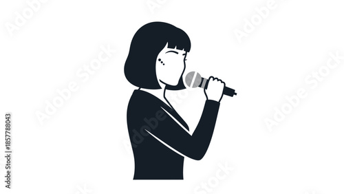 Minimalist black and white illustration of a woman singing into a microphone, depicting a vocal performance or public speaking.