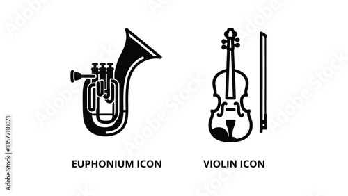 Euphonium and Violin Icons in Simple Black Silhouette Design on White Background for Music Illustration