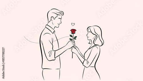 The Romantic Gesture: A gentleman offers a single, radiant red rose to a lovely lady, capturing a sweet moment of affection and courtship.