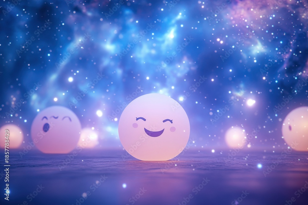 Fototapeta premium Bright glowing orbs with cheerful expressions in a cosmic setting filled with stars