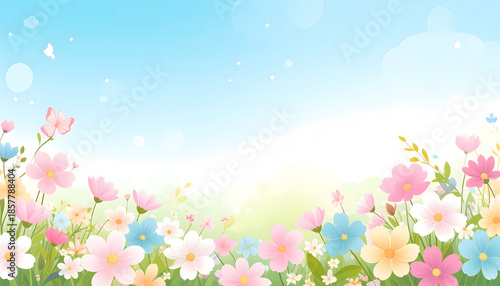 Colorful spring flowers in a sunny meadow landscape illustration