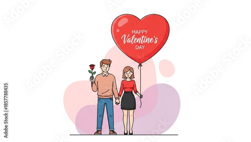 Love's Greeting: A charming couple stands hand-in-hand, a vibrant heart-shaped balloon floats overhead, and a single rose adds a touch of romance to this special day.