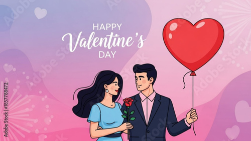 Love's Embrace on Valentine's Day: A romantic couple celebrates the day of love with a heart-shaped balloon, symbolizing affection and togetherness.