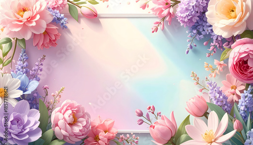 Floral pastel frame with pink and purple blossoms on soft gradient background