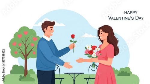 Valentine's Day Couple in Garden: A man gives a rose to a woman, a classic declaration of love. Captured within a picturesque garden, they stand amidst blossoming trees and lush green scenery. 