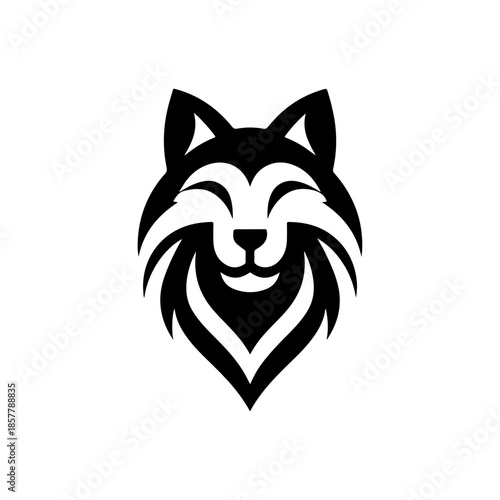 Stylized black and white happy wolf head logo design