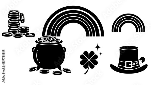 Black and white St. Patrick's Day icons including a pot of gold, shamrock, rainbow, and leprechaun hat.