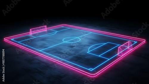 Futuristic neon glowing soccer or football field outline on a dark, abstract background.