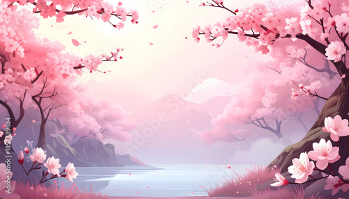 Serene Cherry Blossom Landscape with Tranquil Lake and Mountains
