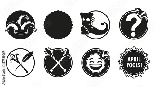 Set of eight black and white round icons for April Fools' Day celebration.