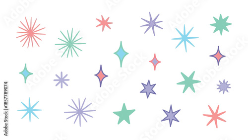 Sparkling Starry Night: A collection of vibrant, hand-drawn stars in various shapes and hues dance across a clean canvas. A whimsical illustration with a festive and celebratory tone.