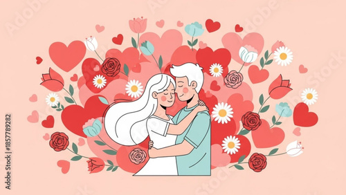 Embrace in Bloom: A tender embrace of a couple, nestled amidst a vibrant tapestry of blooming hearts and flowers, symbolizing affection, love, and blossoming romance.