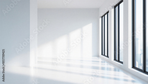 Empty modern room with sunlight shining through large windows