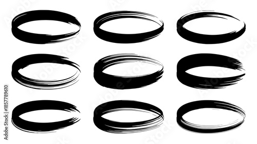 Nine hand-painted brushstroke circles: abstract black ink rings with varying thickness