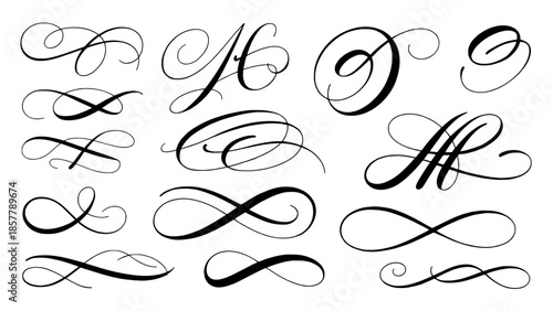 Ornamental calligraphy flourishes set with elegant swirls and initials (SVG vector)