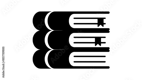Stacked books icon – minimalist black vector illustration with three hardcover books and bookmarks