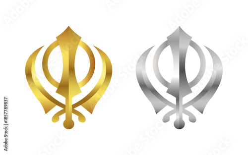 Golden and silver Sikh Khanda symbols, metallic religious icons vector graphics