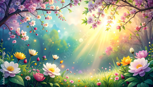 Colorful spring garden with blooming flowers and lush green trees