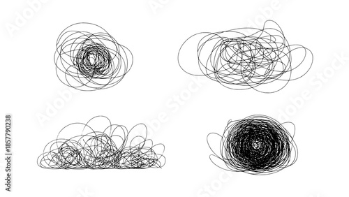 Abstract vector scribble circles: four tangled loop icons in black, minimalist outline style