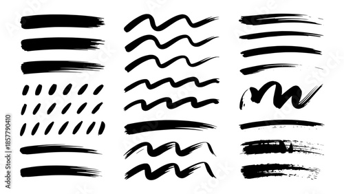 Assorted brush stroke vectors: horizontal bars, wavy lines, dotted marks, and grunge textures