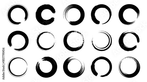 Set of 20 hand-drawn Enso brush circles in black and white, arranged in a grid
