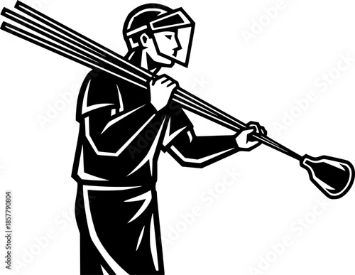 Etched glassblower carrying glass rods and holding blowpipe tool
