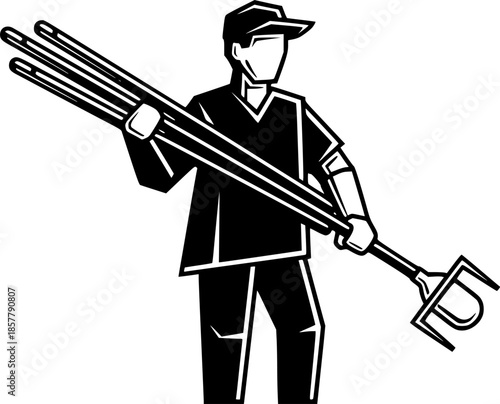 Etched glassblower carrying glass rods and holding blowpipe tool
