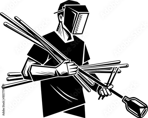 Etched glassblower carrying glass rods and holding blowpipe tool
