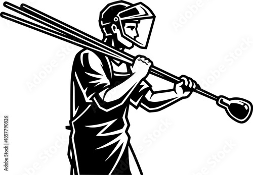 Etched glassblower carrying glass rods and holding blowpipe tool
