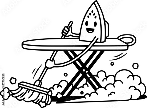 Whimsical Cartoon Illustration of an Ironing Board Cleaning Dust
