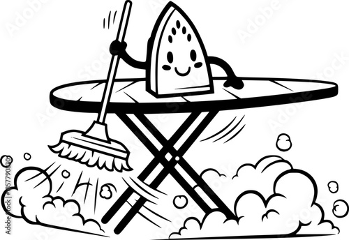Whimsical Cartoon Illustration of an Ironing Board Cleaning Dust
