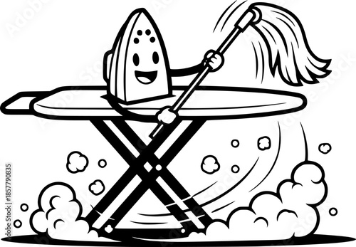 Whimsical Cartoon Illustration of an Ironing Board Cleaning Dust
