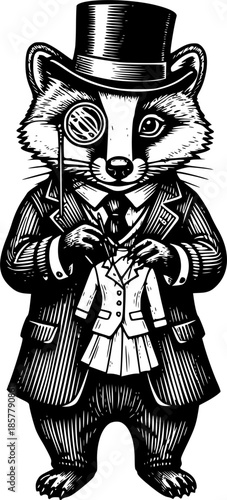 Woodcut illustration of an animal tailor with a monocle and hat
