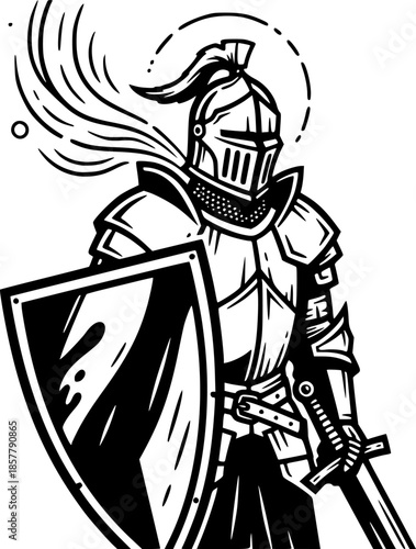 Engraved Illustration of a Knight in Shining Armor with a Mystic
