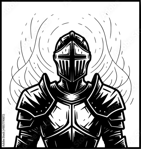 Engraved Illustration of a Knight in Shining Armor with a Mystic
