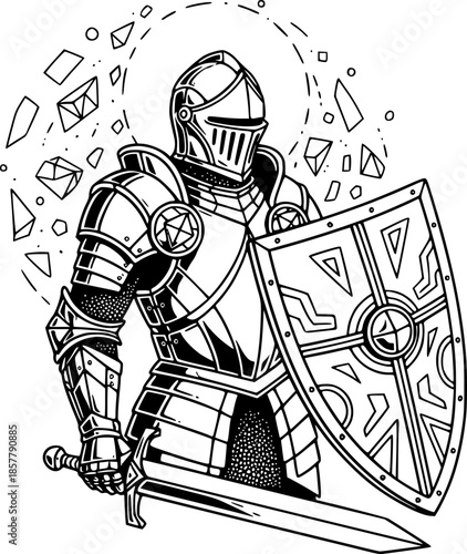 Engraved Illustration of a Knight in Shining Armor with a Mystic
