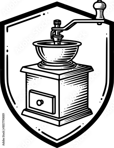 Engraved illustration of vintage coffee grinder with shield fram
