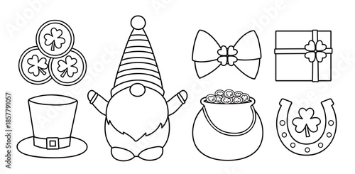 St. Patrick's Day element coloring pages with template set.
Includes gnome, clover, leprechaun hat, money pot, gold coins, horseshoes, gift box and a bow.