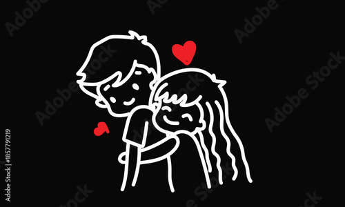 Loving Couple Embracing with Hearts on Black Background in Minimalist Style