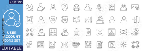 User account icon set.  login, avatar, connect, password, Containing profile, username, add friend and more. Fully Editable. Vector illustration.
