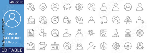 User account icon set.  login, avatar, connect, password, Containing profile, username, add friend and more. Fully Editable. Vector illustration.