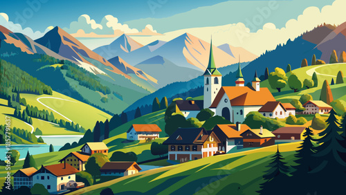 Very beautiful summer view over Saalbach village, surrounded by lush green mountains, alpine houses, and clear skies, capturing the peaceful charm of Austria’s countryside.