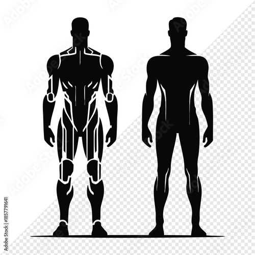 Silhouette of a futuristic robot and a human figure representing technology and anatomy isolated on a background for digital design
