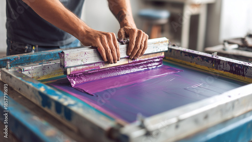 The t-shirt screen printing process is in progress, ink is being applied to the screen and the work area is being cleaned.